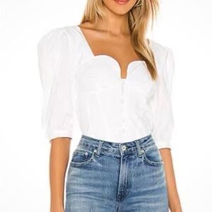 JONATHAN SIMKHAI Thea Oxford Smocked Puff Sleeve Top Poplin White Crop Size S